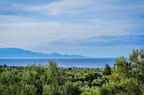 a view of the ocean from a hill with trees at Dream View Villa in Kipseli