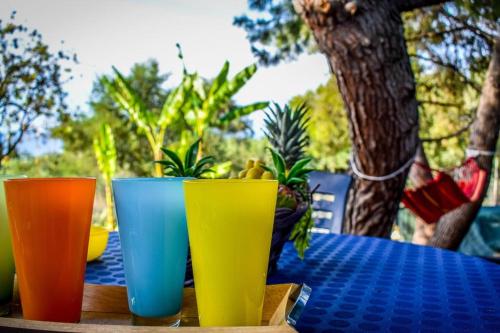 three different colored vases sitting on a table at Dream View Villa in Kipseli