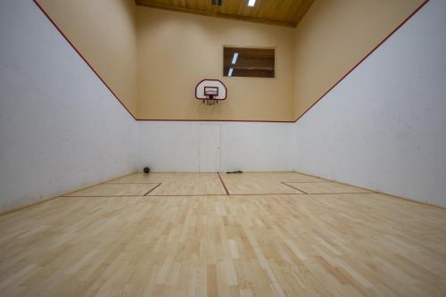 a basketball hoop in an empty room with a wooden floor at Villa Jelenic by Bertovic in Ogulin
