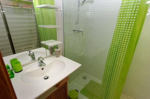 een badkamer met een wastafel en een glazen douche bij Résidence les Eucalyptus in LʼÎle-Rousse