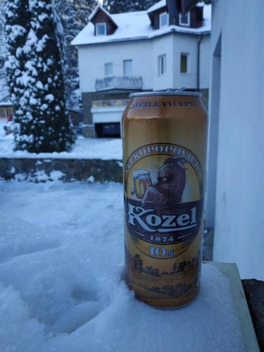 a can of peanut butter sitting in the snow at Pigy in Tatariv