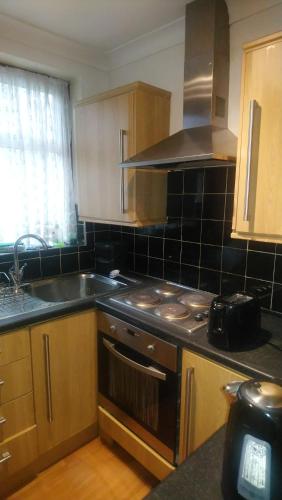 a kitchen with a sink and a stove top oven at Christchurch Guesthouse Apartments in Harrow Weald