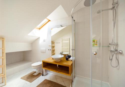 a bathroom with a sink and a toilet and a shower at HOME ALONE 5BR+3BATH Penthouse in center of Prague in Prague