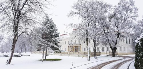 a white house with snow covered trees in front of it at Art Hotel Kaštieľ in Tomášov