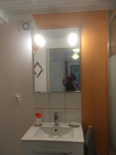 a person taking a picture of a bathroom sink at Ecrin de Verdure in Sainte-Suzanne