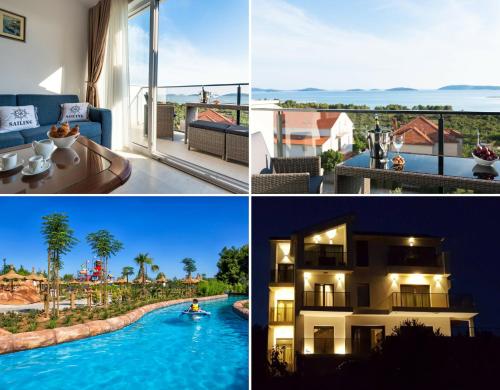 een collage van foto's van een resort met een zwembad bij Croatica Suites Podsolarsko in Šibenik