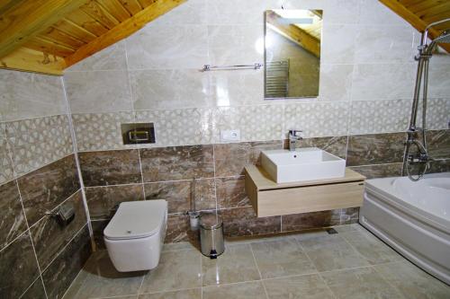 a bathroom with a toilet and a sink and a tub at Ayder İmamoğlu Apart Otel in Ayder Yaylasi