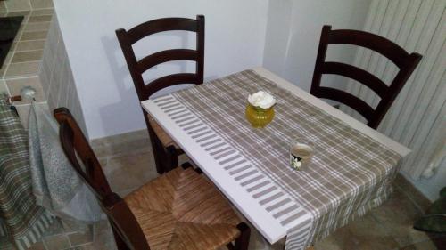 a table with a table cloth on it with a candle on it at Trulletto dei sogni in Alberobello