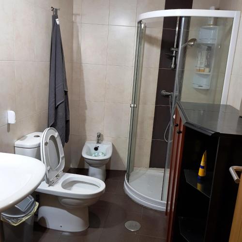 a bathroom with a toilet and a shower and a sink at Moreiriña- Bentraces in Bentraces