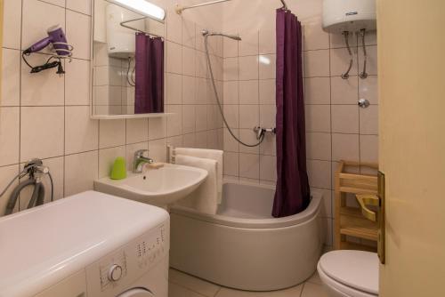 een badkamer met een wastafel, een toilet en een douche bij Apartments Danica in Vrbnik