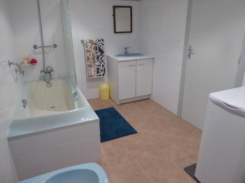 une salle de bain avec une baignoire, des toilettes et un lavabo dans l'établissement Gîte appartement, Sous les Arbres, à Montagudet