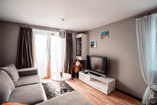 a living room with a couch and a television at Podhale Agroturystyka u Mikołajki in Długopole
