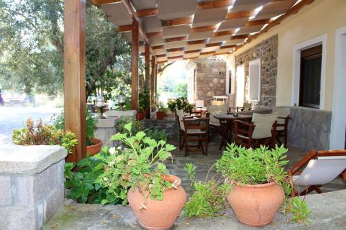 a patio with potted plants and a table and chairs at Nadia Apartments in Mithymna