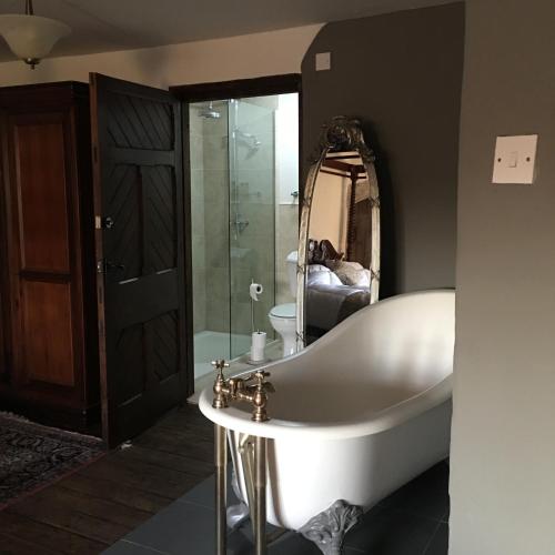 a bath tub in a bathroom with a mirror at Great House Guest House in Llantwit Major