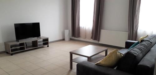 a living room with a couch and a tv at Appart comme chez soi in Pusignan