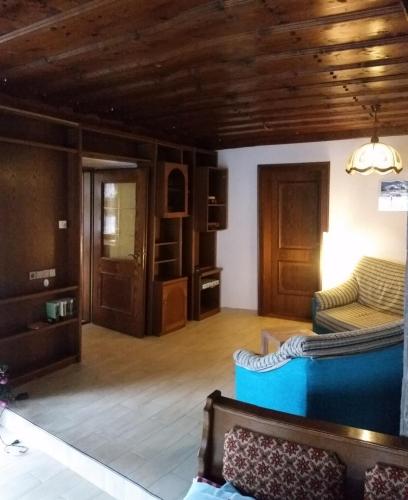 een woonkamer met een blauwe bank en houten plafonds bij La Perla della Drava in Steinfeld