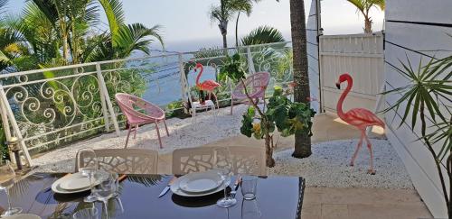 a table with pink flamingos on a balcony with the ocean at LA BOHEME, résidence de 5 appartements avec piscine, vue océan, Petite Ile in Petite Île
