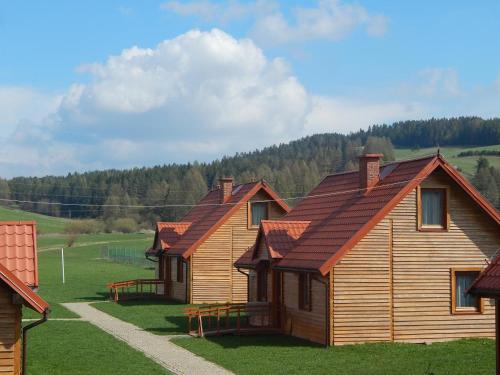 a log cabin with a red roof on a green field at Caloroczne Domki w Gorach"ALEKSANDER" in Kacwin
