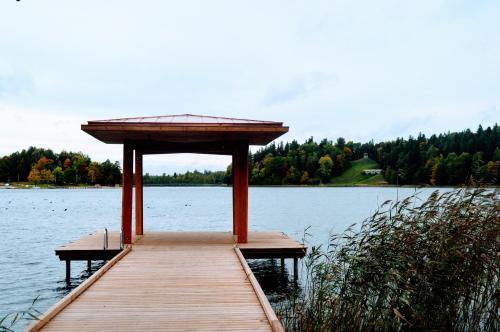 a wooden dock with a gazebo on a lake at Atpūtas centrs Paideri in Alūksne