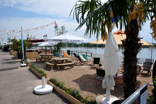 a beach with tables and chairs and a palm tree at De Smidse in Lobith