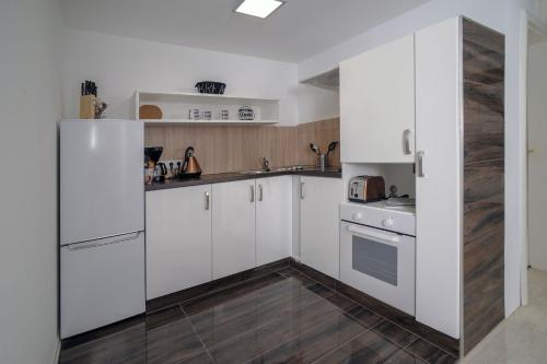 a white kitchen with white appliances and wooden floors at Designpension Traumschloss Hotel Garni in Wernigerode