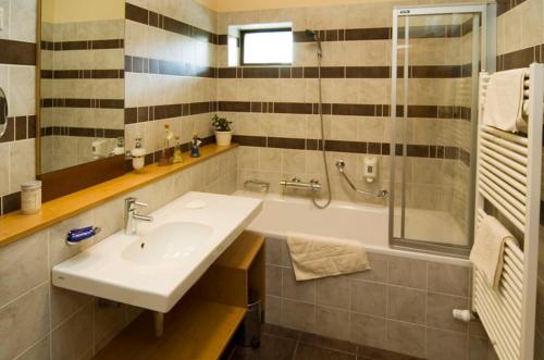 y baño con lavabo y ducha. en Jankovich Hotel, en Rácalmás