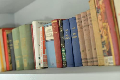 a row of books sitting on a shelf at ANTICA VILLA CUNEO- Guest House - "B&B e non un Hotel a Cuneo" in Cuneo