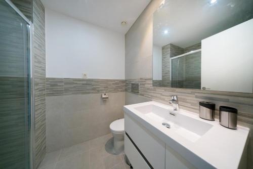 a bathroom with a sink and a toilet and a mirror at Apartment Chendula in San Juan de los Terreros