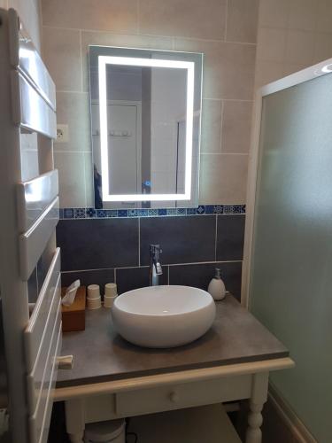 a bathroom with a sink and a mirror on a counter at La Girandole Chambre d'hôtes et Location d'appartement in Arvieux