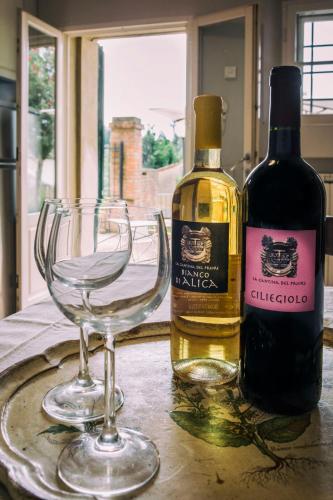 a bottle of wine and two wine glasses on a table at Borgo di Alica in Palaia