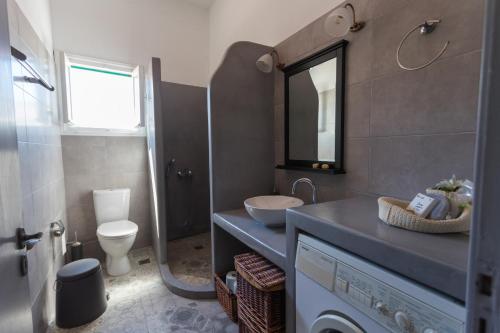 a bathroom with a sink and a toilet and a mirror at Irini's house in Spetses