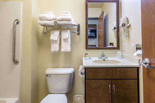 een badkamer met een toilet, een wastafel en een spiegel bij My Place Hotel-Dickinson, ND in Dickinson