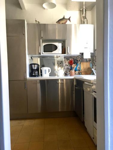 une cuisine avec des placards en acier inoxydable et un four micro-ondes dans l'établissement Traditional fisherman cottage, à Yport