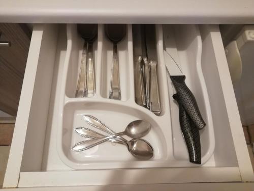 a drawer filled with silver utensils and spoons at Two Kings apartment in Novi Sad