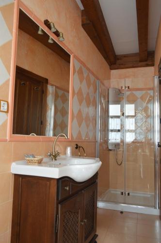 a bathroom with a sink and a shower at Hotel Rural El Marqués in Saldaña
