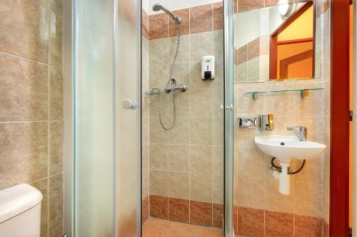 een badkamer met een douche en een wastafel bij Basement Room Old Town in Praag