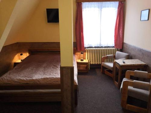 sypialnia z łóżkiem, krzesłem i oknem w obiekcie Hotel Alfa w Trutnovie