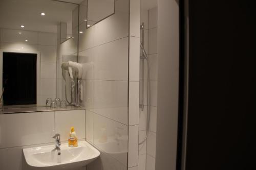 y baño con ducha, lavabo y espejo. en Gasthof Zur Post en Schwabhausen bei Dachau