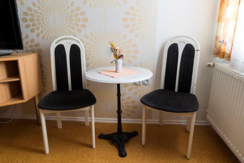 a table with two chairs and a table with a vase on it at Vila Šiftar in Moravske Toplice