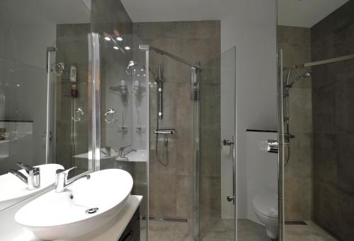 a bathroom with a shower and a sink and a toilet at Dream Apartment in Suwałki