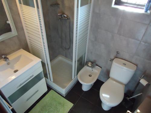 een badkamer met een douche, een toilet en een wastafel bij Casa da LAGOA (Sesimbra) in Lagoa de Albufeira
