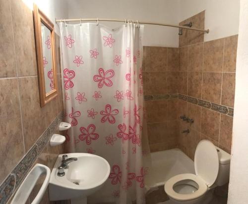 y baño con cortina de ducha, aseo y lavamanos. en Altas Mareas 1 en Las Grutas