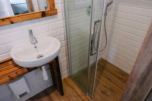 a bathroom with a sink and a glass shower at Chaty Pohoda na Soláni in Velké Karlovice