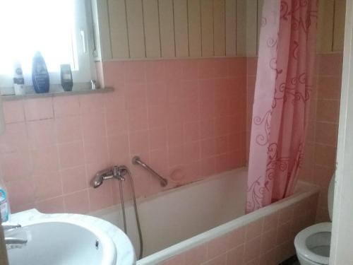 baño con lavabo y cortina de ducha en Pension Ehringshausen, en Ehringshausen