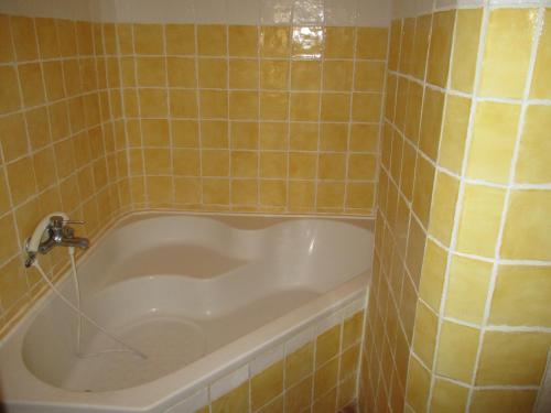 une salle de bain avec baignoire dans une pièce carrelée dans l'établissement Gîte en provence au coeur des vignes, à Villedieu