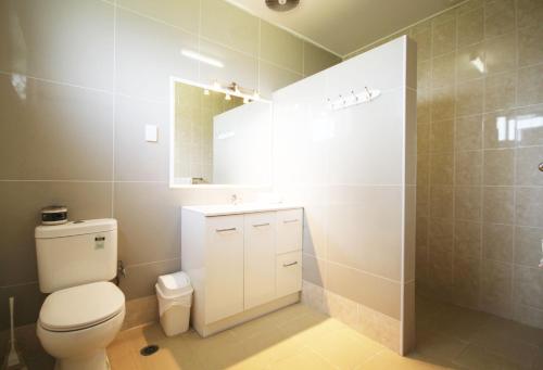 a bathroom with a toilet and a sink and a mirror at Melaleuca Lodge Beaconsfield in Beaconsfield