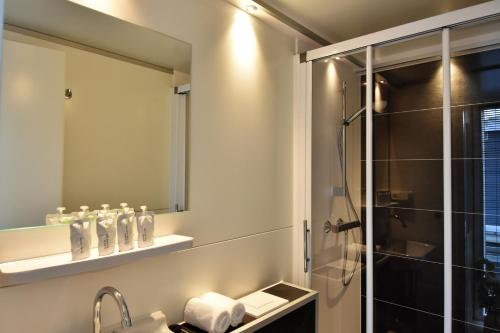 a bathroom with a shower and a sink and a mirror at Cozy floating boatlodge "Het Vrijthof" in Maastricht