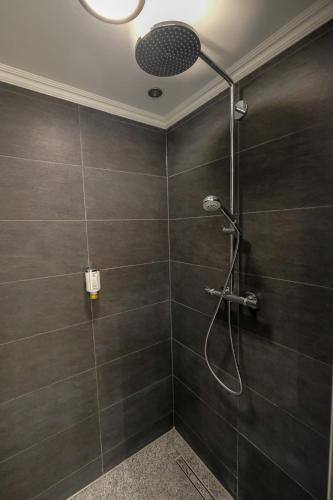 a bathroom with a shower with a shower head at Hotel Savoy Hannover in Hannover
