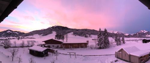a winter scene of a mountain with snow and buildings at Haus Lechner Apartments in Sankt Jakob in Haus