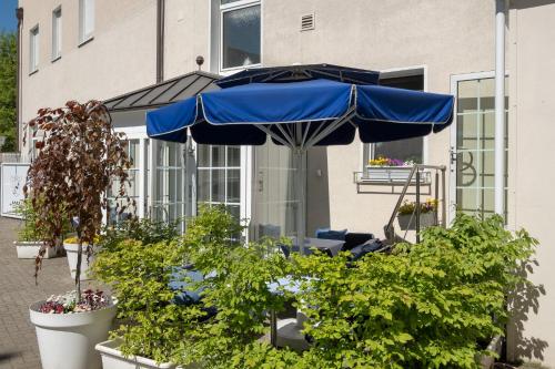 a blue umbrella and some plants and a building at Hotel Savoy Hannover in Hannover